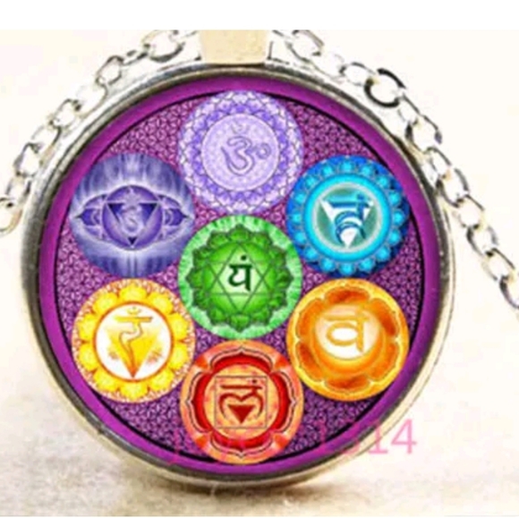 OM Symbol Cabochon Tibetan silver Glass Chain Pendant Necklace - Picture 2 of 5